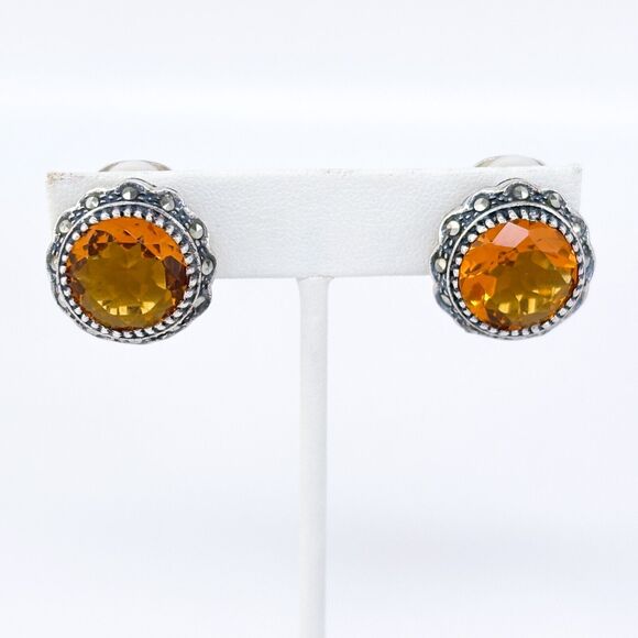 Vintage Sterling Silver 925 Yellow Glass & Marcasite Clip-on Earrings - Picture 2 of 7